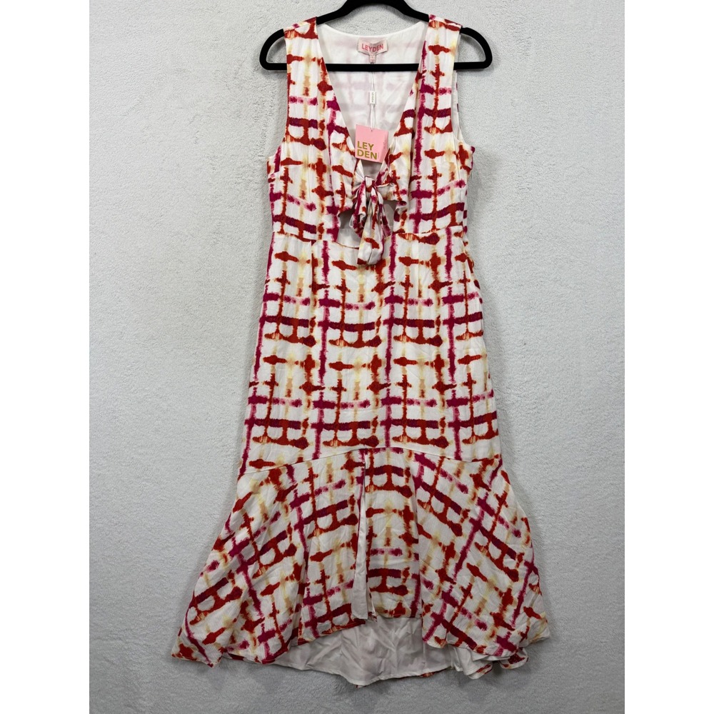 Leyden Womens Tie Dye Grid Tie Front High Low Midi Dress Red Orange Large NEW - Picture 2 of 10